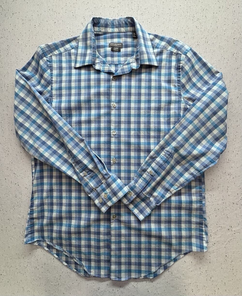 Van Heusen Flex Men 16 32/33 Large Slim Fit Stretch Plaid Long Sleeve Shirt Blue